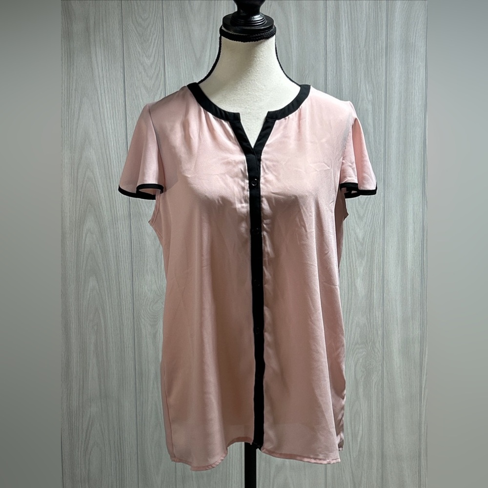 Spense Pink And Black Semi Sheer Button Front Blouse Size Medium